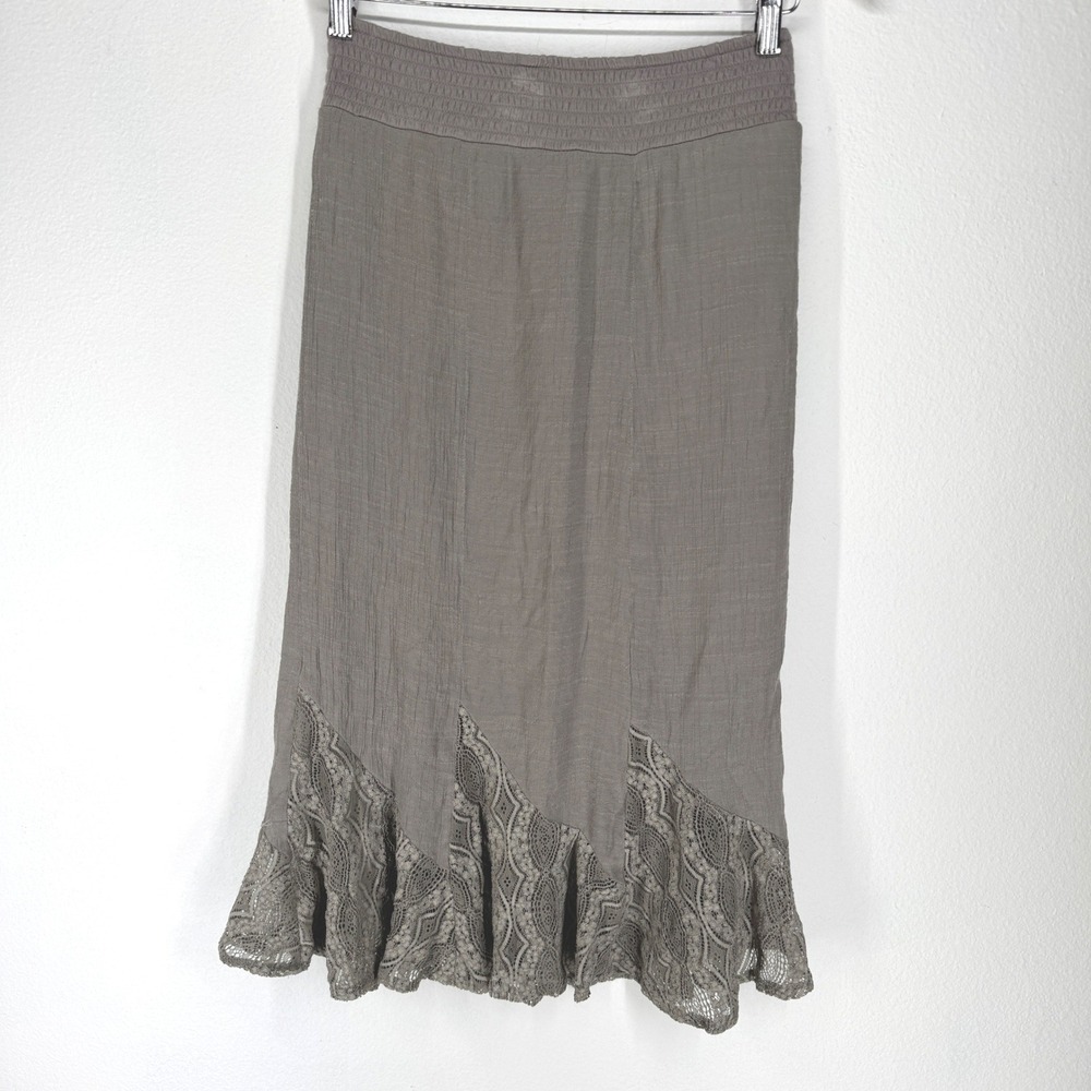 Womens Boho Lace Trim Smocked Waist Midi Skirt Boho‎ Gauze XS Fairy Indie Grunge
